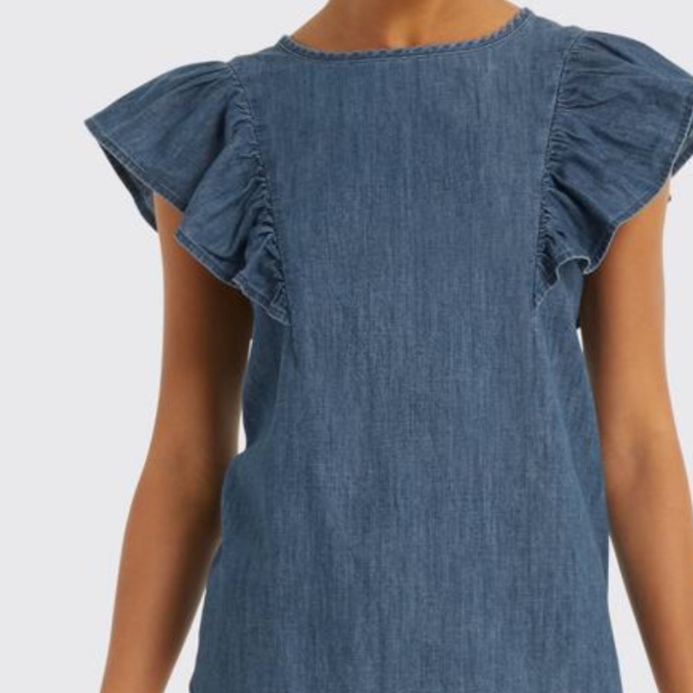 Blue Chambray Style Flutter Sleeve Top - Picture 7 of 8